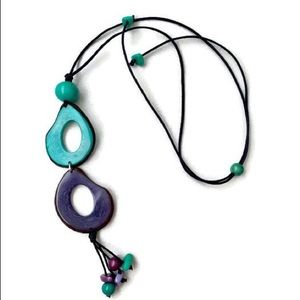 Tagua Nut Long Necklace in Teal and Violet Tag539